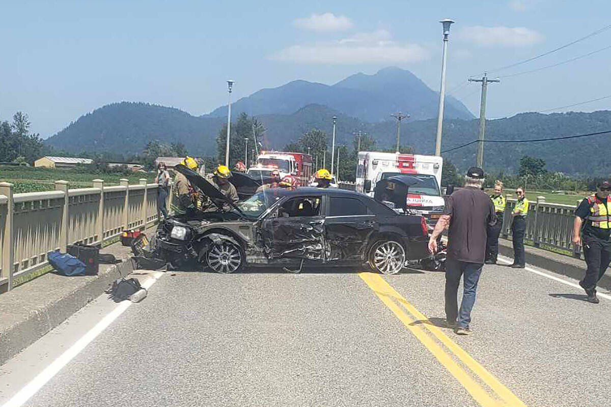The scene of a four-vehicle crash on the Agassiz-Rosedale Bridge where this Chrysler 300 collided with three vehicles on July 8, 2023. (Sukh Mattu)