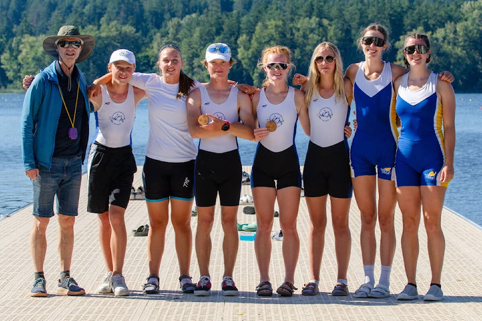 Vernon Rowing and Dragon Boat Club present and former rowers including (from left) coach Glen Stiven, Peter Masys, Annika Van Vliet, Jonas Masys, Elena Masyte, Cora Van Vliet, Natalya Ariano, and Danica Ariano had excellent results on the water of Victoria’s Elk Lake during the Challenge West Regatta July 7-9. (Contributed)