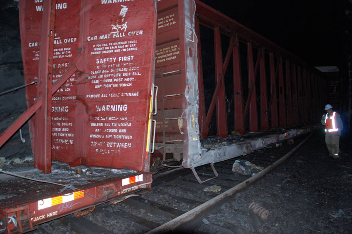 The Transportation Safety Board says an undesired release of air brakes led to the 2019 Canadian Pacific Railway freight derailment of 15 empty cars in the Upper Spiral Tunnel, known for its steep grades and sharp curves, near Field, B.C. in 2019. (Transportation Safety Board)