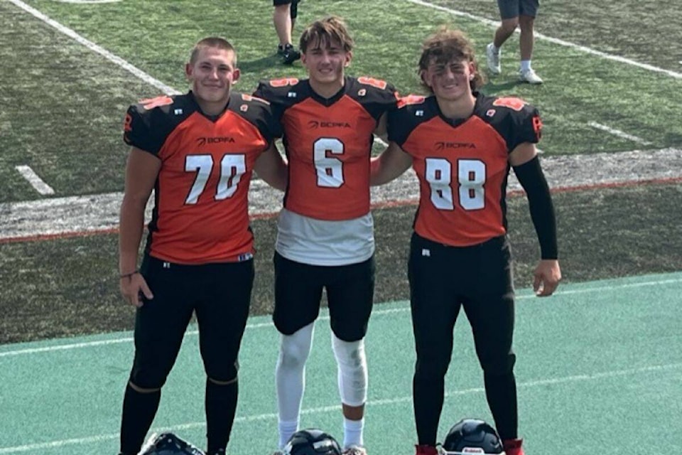 Jace Collard, Austin Dunnill and Cisko Hove, the three Vernon football players competing at the U18 Canada Cup. (Photo by Darren Hove)