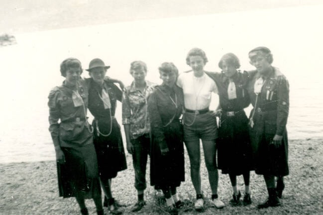 Group of girls standing on the beach at the Otter Bay Guide Camp. Names are identified (left to right): Madeline Schuster, Doris McKenzie, Becky S., Lil, Mary Sterling (Nurse), and two unknown women, 1956. This is one of the 100+ new digitiized photos added to its registry by the Museum and Archives of Vernon (Contributed MAV)