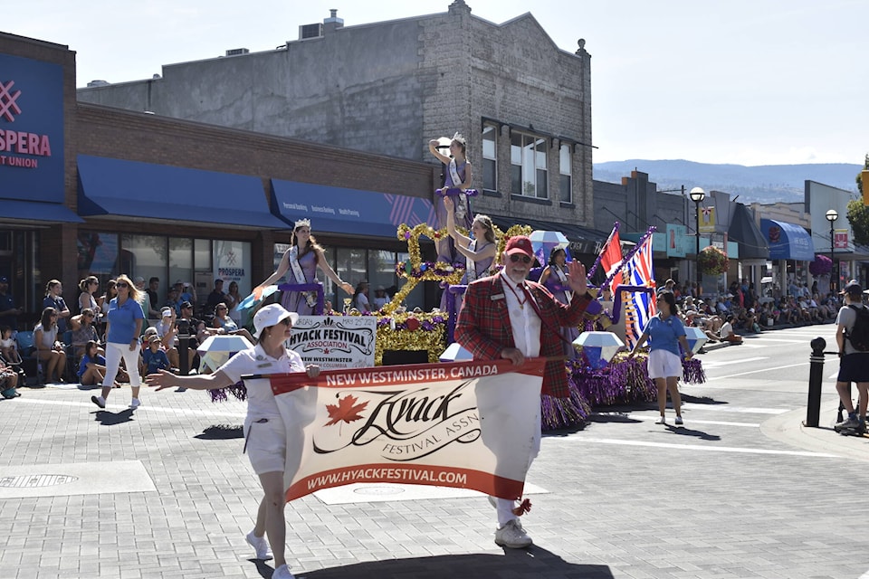 The Peters Bros. Grand Parade at Penticton Peach Festival on Aug. 12, 2023. This New Westminster float was among the several to take part in the annual parade, held down Main Street in the city’s downtown core. (Logan Lockhart- Western News)