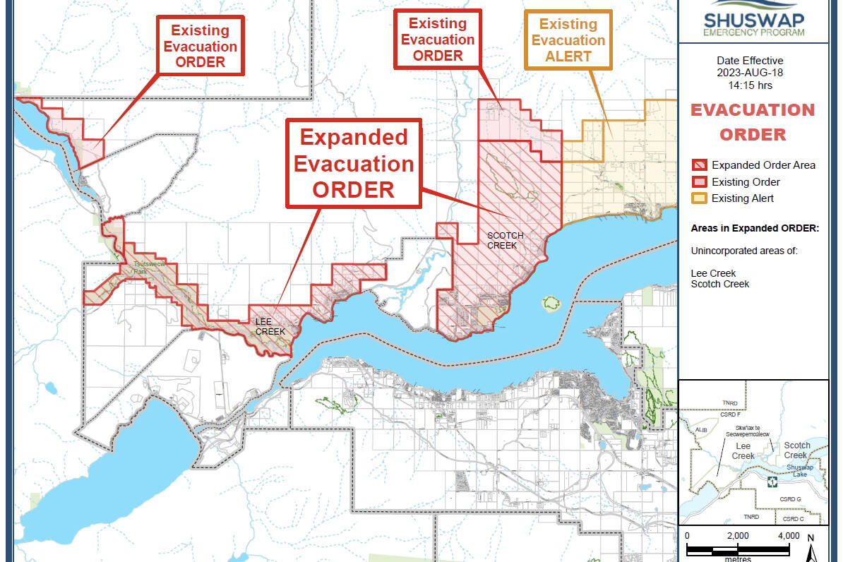An evacuation order has been issued for all of Lee and Scotch Creek in the Shuswap Friday, Aug. 18, 2023. (Shuswap Emergency Program photo)