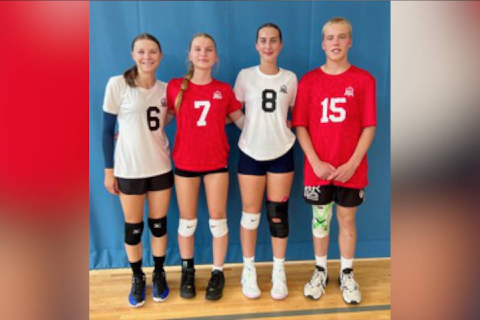 Vernon Sky Vollleyball Club and Beyond Sport Academy members were successful in Team BC and Team Okanagan tryouts, either making provincial and regional teams as players or alternates, and taking part in summer provincial and national events. Gracie Roest (from left), Amelia Spitzer and Lena Hoard were on the BC Cup U15 squad, while Cash Riemersma (right) was on the Okanagan boys U15 squad that won silver at the BC Cup. (Contributed)