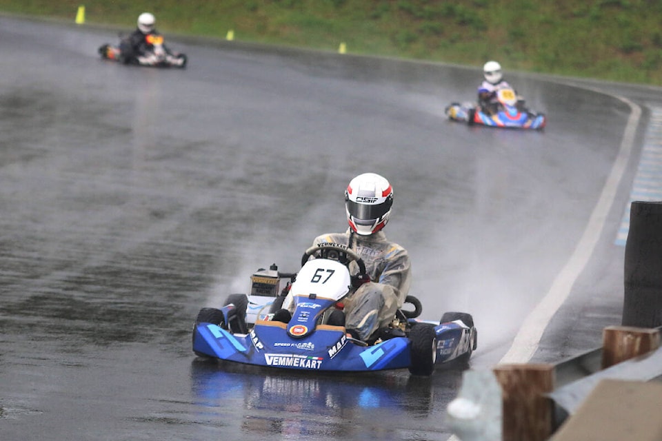 Kart drivers round a turn at the Vancouver Island Motorsport Circuit during races hosted by the Vancouver Island Karting Association on May 8, 2022. The drivers are headed back to the VIMC this coming weekend. (Kevin Rothbauer/Citizen file)
