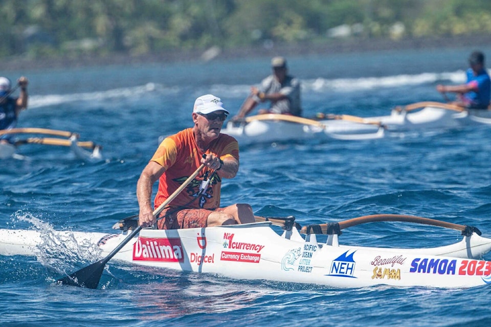 Vernon’s Bob Woodman, representing Canada, paddles his way to fourth place in the Master Men’s 60 Solo event at the IVF World Distance Outrigger Canoe Championships in August in Apia, Samoa. (Contributed)