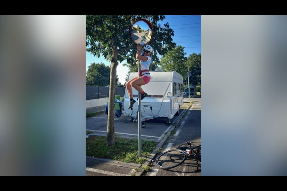 Vernon athlete Shanda Hill has some fun in the streets of La Garda, Italy, as she competes in the longest triathlon - The Triple Deca - of her career. 