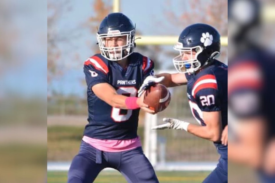 Vernon Panthers quarrterback Cole Budgen (left) hands the ball off to running back Ayden McDonald in a B.C. Interior AA regular season game at Greater Vernon Athletic Park. The pair will guide the No. 1-ranked Panthers into a provincial quarterfinal contest against league rivals South Kamloops Titans tonight,  Friday, Nov. 17, 7 p.m., at GVAP.