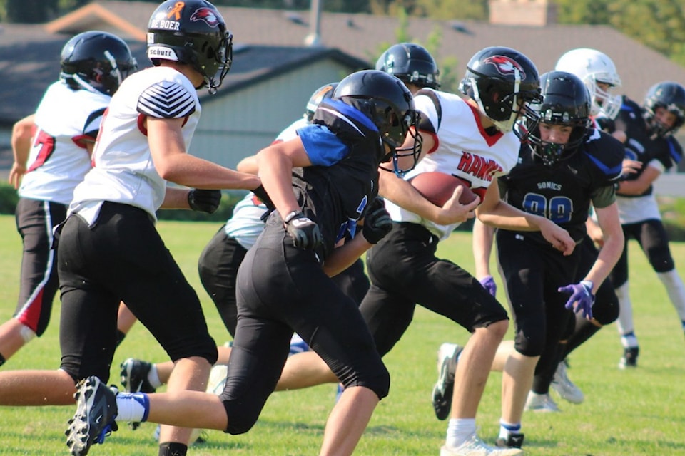 The expansion Pleasant Valley Hawks from Armstrong (white) took on the Seaton/Kalamalka Sonics in a pre-season Okanagan AA Junior Varsity Football Scrimmage Wednesday, Sept. 3, at Kal Secondary.