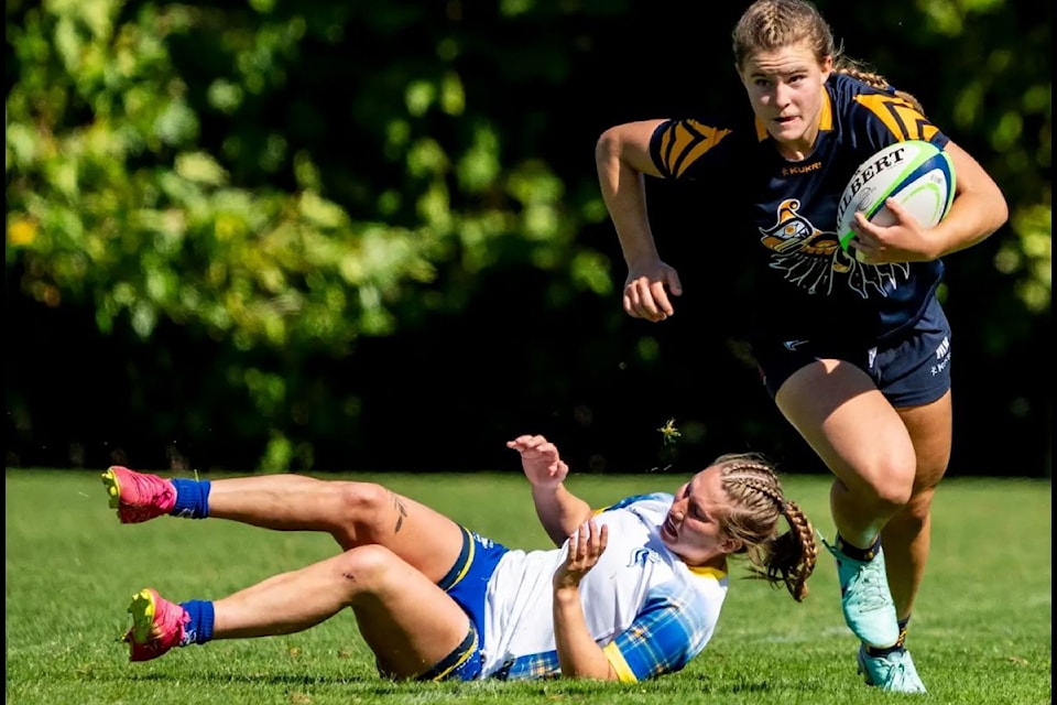 Coldstream's Mya Koleba (with ball) has completed a terrific freshman year with Vancouver's UBC Thunderbirds by being named to the Canadiian Women's U20 rugby 15s team that will tour Ireland in May. 
