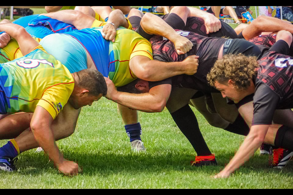 The Vernon Jackals (yellow) scrummed down and rallied late to beat the Terrace Northmen 20-19, and win their first-ever Saratoga Cup B.C. Men's Rugby Championship.