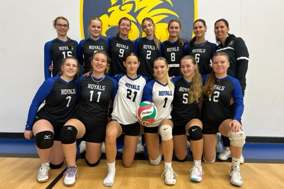 The Vernon Christian School Royals senior girls volleyball team catured its first-ever Okanagan Valley title to advance to the B.C. A finals in Nanaimo. Team members include: (Back, from left): Back row L-R: Rosalyn Smith, Ashley Hansma, Elsa Driediger, Lacey Saville, Leah Funk, Kate Hovius, coach Ali Kooger; Front (from left): Makenna Hofsink, Katelyn Stewart, Gabi Koebel, Avi Wolters, Hannah Hansma, Annika Broersma.