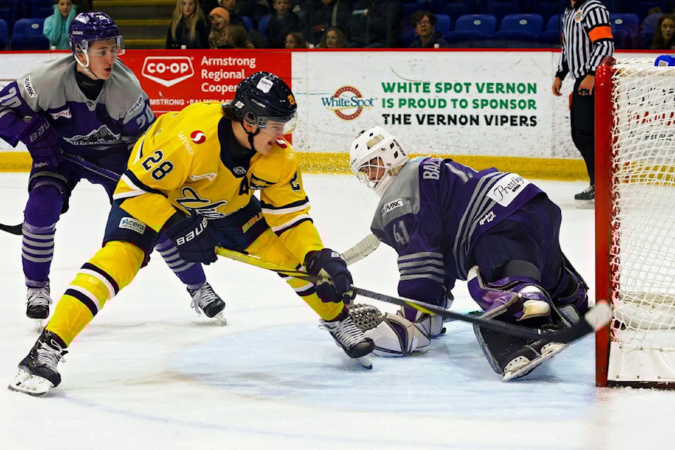 Vernon Vipers forward Shea Busch (28) slips the game-winning goal past Salmon Arm goalie Andrew Ballantyne 28 seconds into overtime, while Silverbacks defender Ben MacBeath looks on, as the Vipers beat the Gorillas 3-2 in B.C. Hockey League action Sunday, Nov. 24, at Kal Tire Place.