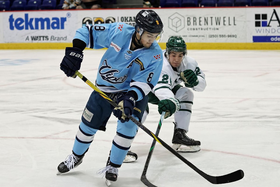 Vernon Vipers defenceman Marko Stojkov (8) won the Hardest Shot competition during the B.C. Hockey League's Skills Competition at All-Star Weekend in Salmon Arm. 