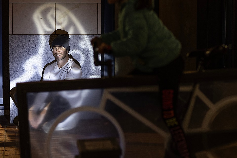 Indigenous artist Jamin Zuroski㽶Ƶֱs work is being projected onto the walls of downtown businesses along Government Street through an interactive art installation where the public pedals on stationary bicycles to see them. (Arnold Lim / Victoria News)