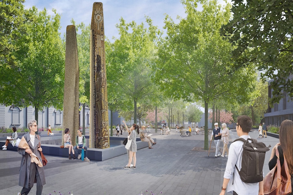 Victoria is seeking millions in grant funding for its upgrade of Centennial Square. The relocated monoliths and new trees are seen in this rendering for a concept of the public square's revamped.
