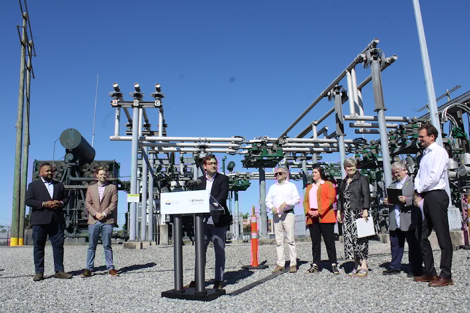 Officials announce $3.2 billion in electricity upgrades for Vancouver Island communities at a Victoria electricity substation on July 5. 
