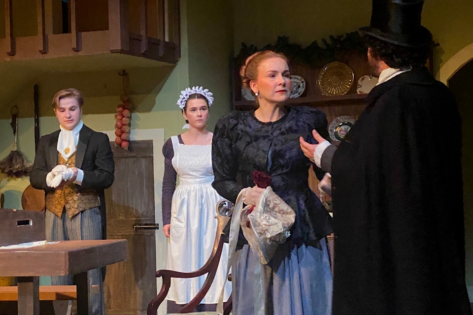 Nolan Gallant, Emme Sait, Brittany Pilgrim and Andrew Shum take the Langham Court stage in The Wickhams: Christmas at Pemberley.