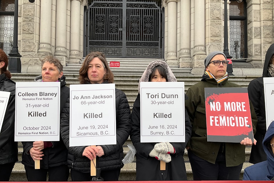A silent vigil was organized in front of the B.C. Legislature Monday by Vancouver Rape Relief.