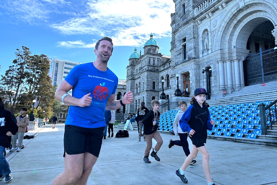 On Oct. 16, Brent Mansfield, a teacher at Lord Roberts Elementary School in Vancouver, ran a marathon (42.2 kilometres) outside the Legislature's front lawn to advocate for free lunches in B.C. schools.