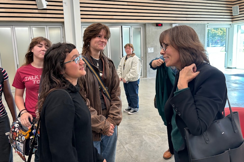 B.C. Green Party leader and MLA hopeful Sonia Furstenau speaking to Victoria High School students after the event.