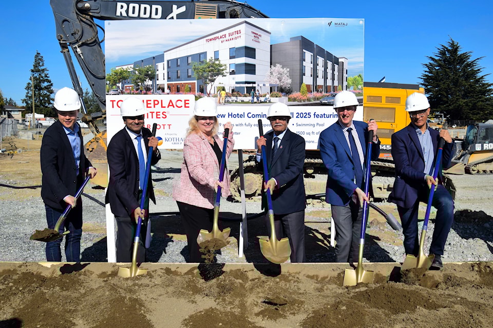 (L-R) Marriott International senior director of lodging development, Western Canada Duncan Chiu, Kothari Group president Anupam Kothari, VAA president and CEO Elizabeth Brown, Kothari Group chairman Norton Kothari, Sidney mayor Cliff McNeil-Smith and   Azim Kabani a Kothari Group partner.