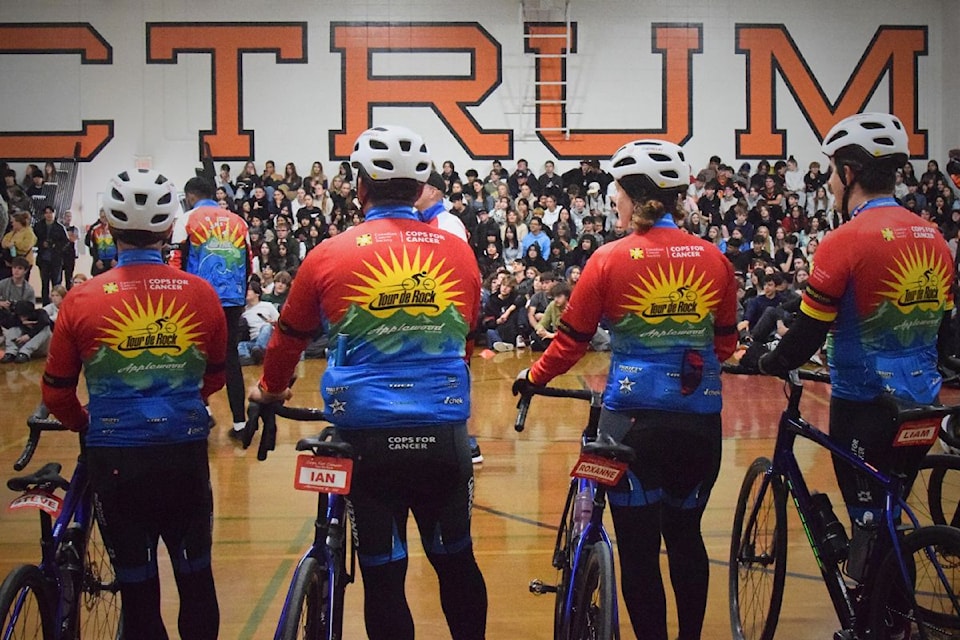 Tour de Rock riders make a pit stop at Spectrum Community School on the final stretch of their 14-day ride for cancer.
