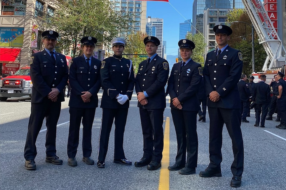 Firefighters from Victoria joined Vancouver Fire and many other departments in downtown Vancouver for the funeral procession of Captain Ron Hegedus on Sept. 5.
