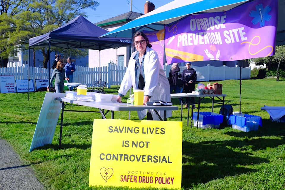 Addiction medicine physician Jill Wiwcharuk helped establish a pop-up overdose prevention site near Victoria’s Royal Jubilee Hospital on April 13, 2025.