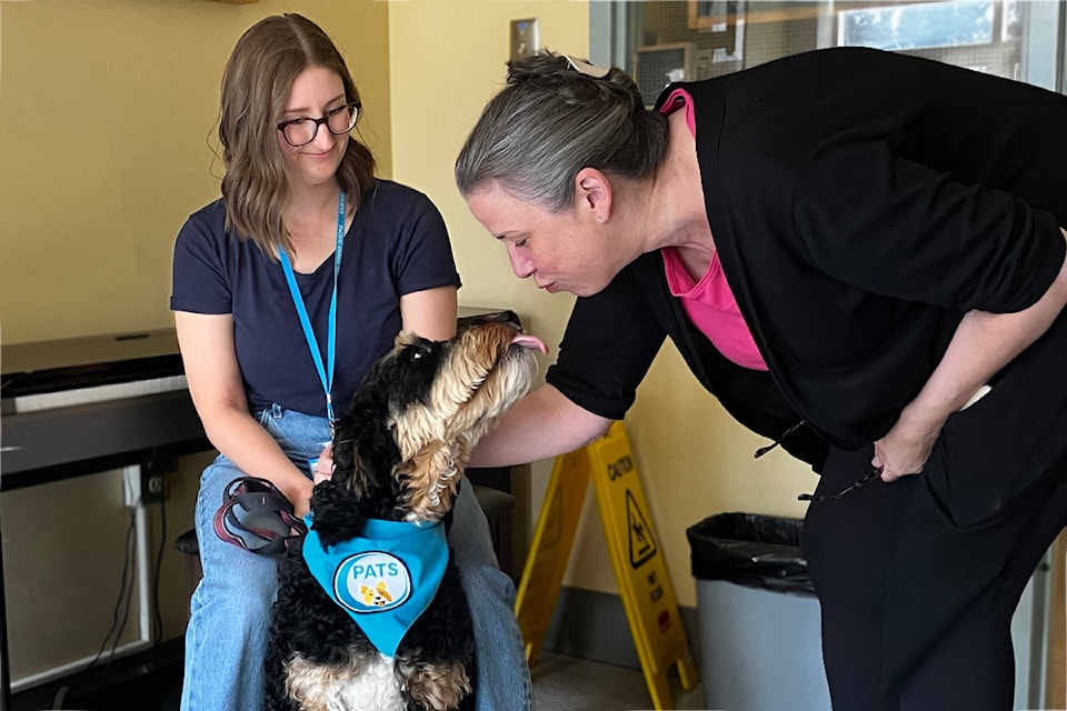 Rummy and handler Celine Foucher stop for a visit with Sarah Durno, communications specialist for Victoria Hospice.