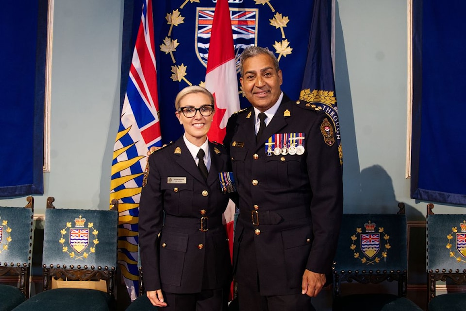 Newly appointed VicPD Chief Fiona Wilson and former chief Del Manak. 