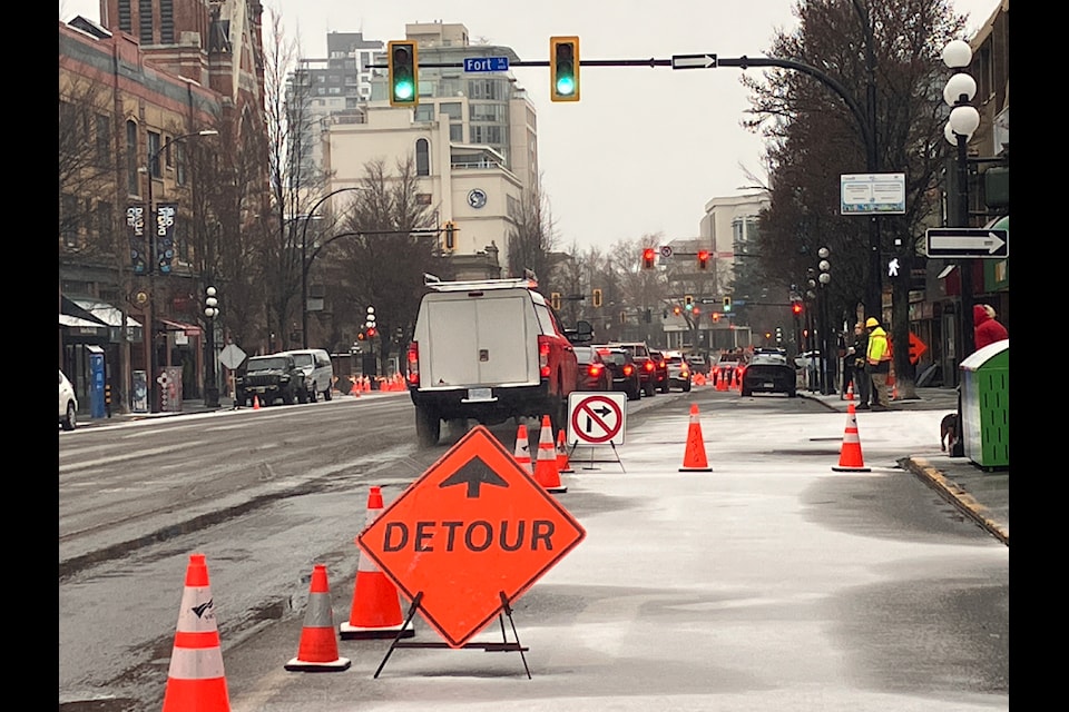 Work continues on Blanshard Street in Victoria, impacting both foot and vehicle traffic. 