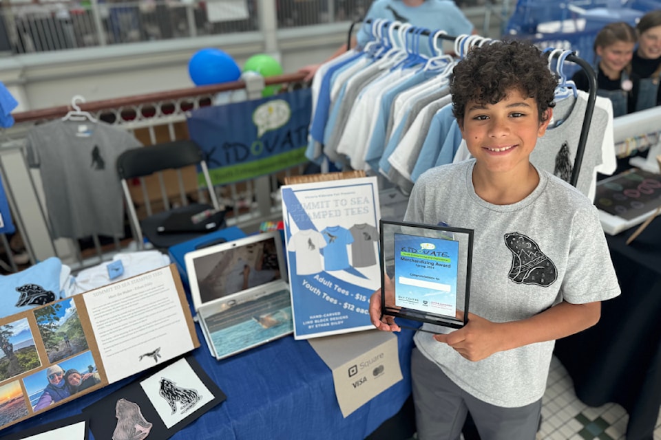 Ethan's original wood cut chisel stamps that he applied to T-shirts of all sizes earned him a 2024 Kidovate Merchandizing award.

