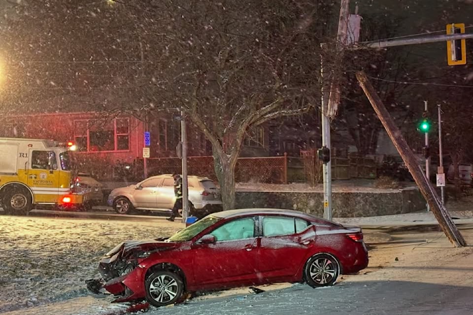 Slow down, use caution and leave room, Victoria Fire reminds residents after a single-vehicle crash takes out a power pole on Quadra Street Feb. 3. 