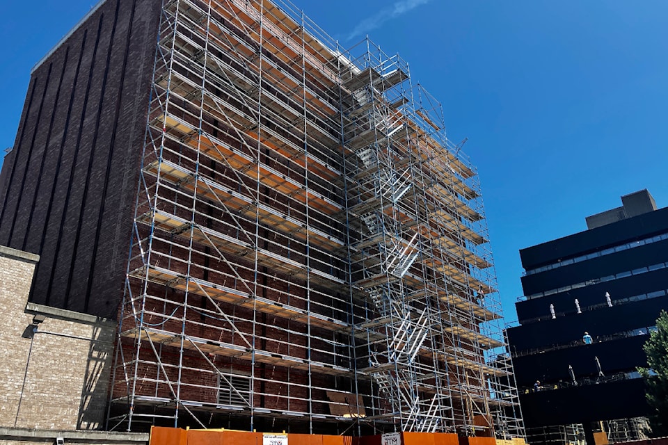 Scaffolding towers up the back of Victoria's historic Royal Theatre during restoration work in the summer of 2025.