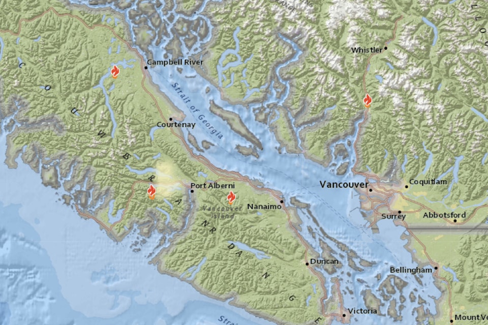 BC Wildfire shows four fires on the Island this season so far with one under control, two held and one out of control that was discovered June 10 east of Nanoose Bay. 