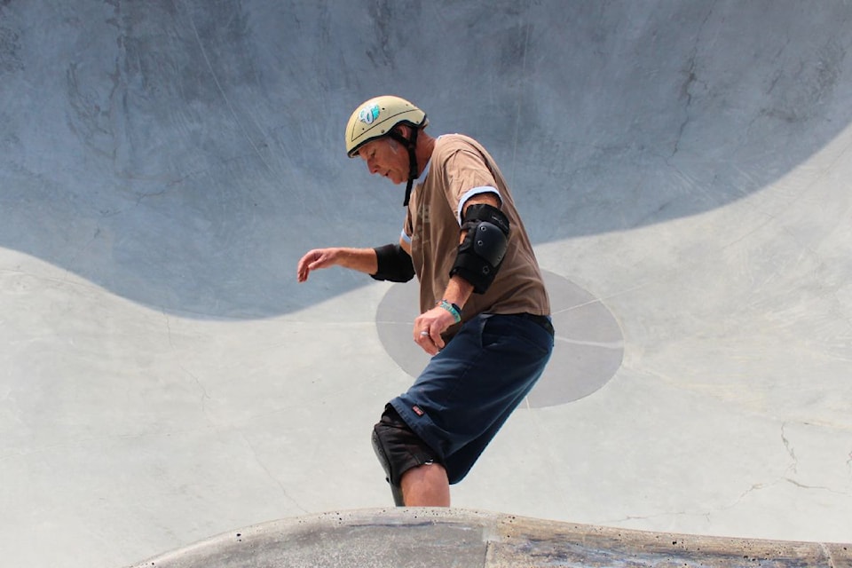 Terry Orr, 62, rides the bowl at Topaz Skate Park on Blanshard.