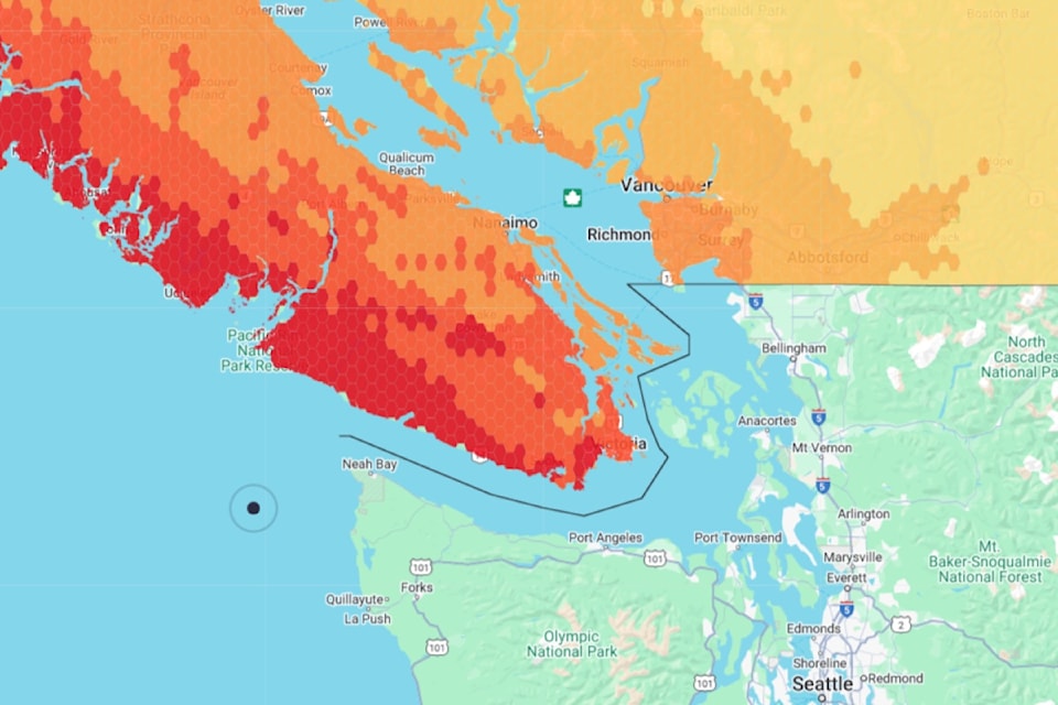 RiskProfiler has an interactive map that explores scenarios of different earthquakes. This image shows the scenario of an M9.0 Cascadia Full Rupture Subduction Earthquake – estimated to damage 18,000 buildings in B.C.
