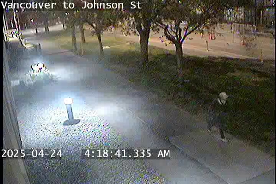 Video surveillance shows one possible witness walking northbound in the 1400-block of Vancouver Street on April 24 at 4:18 a.m.