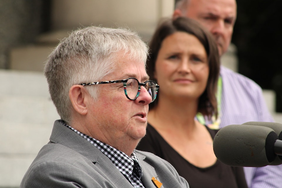 Victoria Mayor Marianne Alto speaks at the B.C. legislature on Aug. 21 as the province announced new shelter spaces for the capital city. 