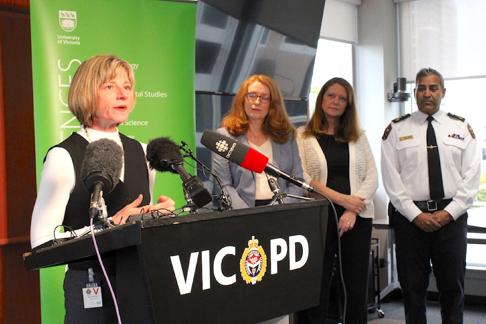 Island Health's Echo Kulpas speaks at Sept. 17 news conference about a study that looked at the impact of Victoria police officers joining a team of professionals that serve people with mental health challenges. 