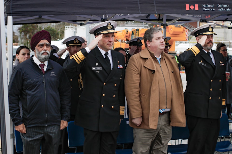 Minister of Emergency Preparedness Harjit Sajjan, left, Royal Canadian Navy commander Vice-Admiral Angus Topshee, acting director general of infrastructure and environment for the Department of National Defence Paul Schauerte and RAdm. Christopher Robinson at the grand opening of B-Jetty.