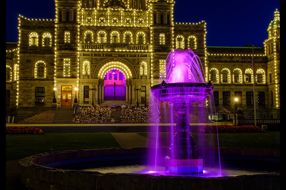 B.C. Legislature building lights up purple in observance of International Overdose Awareness Day.