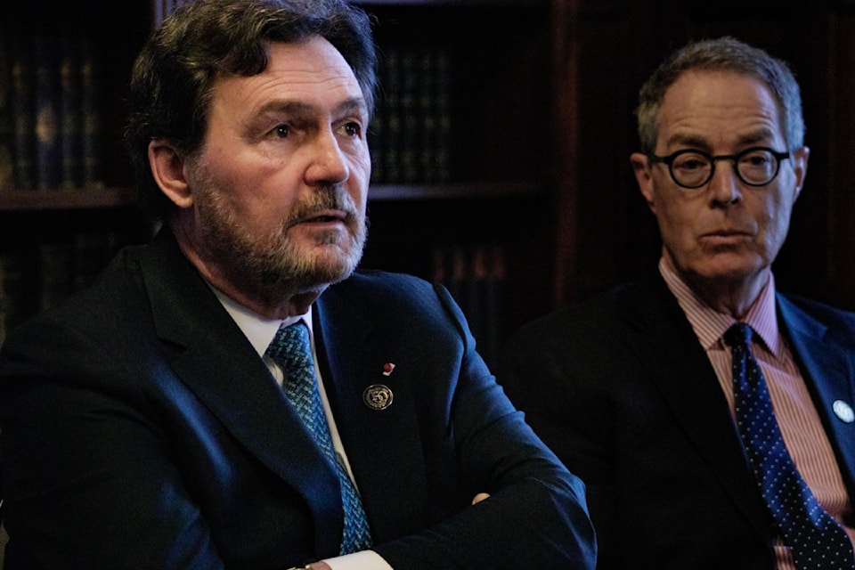 Chief Justice of Canada Richard Wagner, left, and Supreme Court Justice Nicholas Kasire spoke with the media on Monday, Feb. 3, to mark the Supreme Court's 150th anniversary.