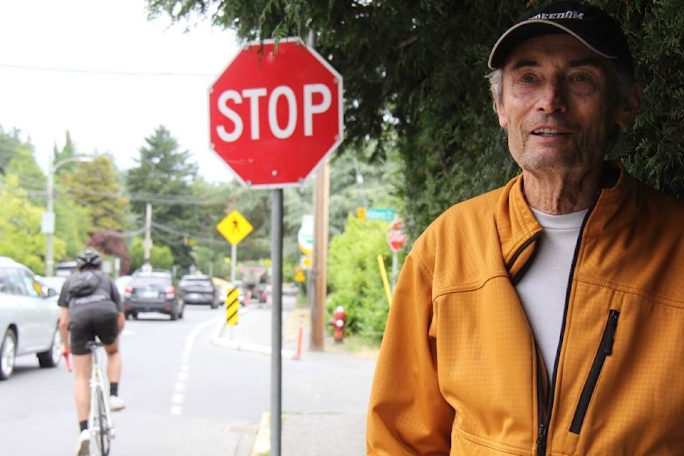 Curby Klaibert is a spokesperson for the Saanich and Oak Bay Community Safety Network that seeks a study looking at safety improvements for the intersection of Cadboro Bay Road, Beach Drive and Hibbens Close. (Christine van Reeuwyk/News Staff) 