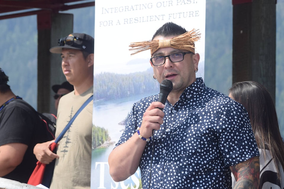 Tseshaht First Nation elected Chief Councillor Wahmeesh (Ken Watts) announces a housing project in Port Alberni on Thursday, July 6. (ELENA RARDON / Alberni Valley News) 