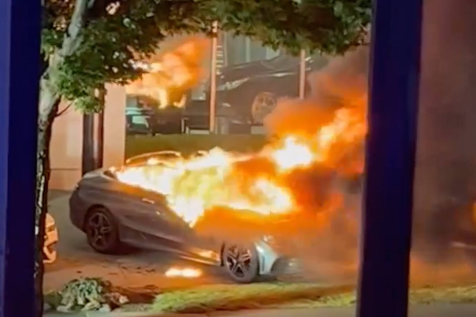 Victoria firefighters battle a blaze at a Government Street car dealership. (Screengrab Brandon Kainz video) 