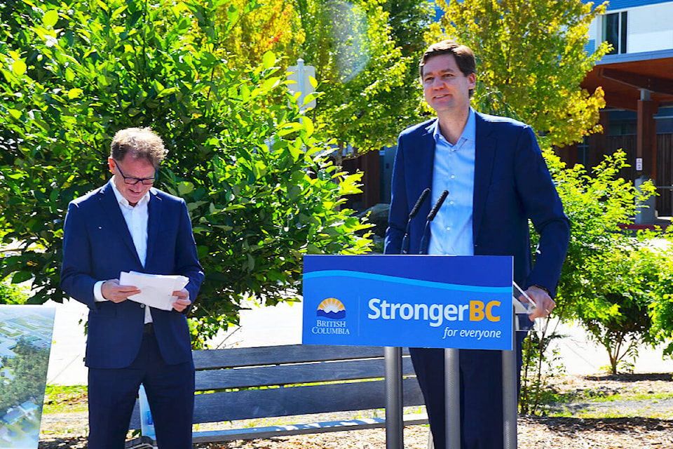 BC Health Minister Adrian Dix (left) and Premier David Eby announce the plan to build a three-storey long term care facility on the west side of the North Island Hospital, Campbell River campus that will accomodate 153 long-term care beds. Photo by Alistair Taylor/Campbell River Mirror 