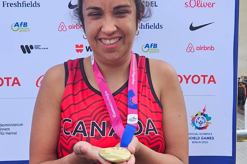 Jolyn Watts of Port Alberni shows off her gold medal, won at the Special Oympics World Games in Berlin. (SUBMITTED PHOTO) 