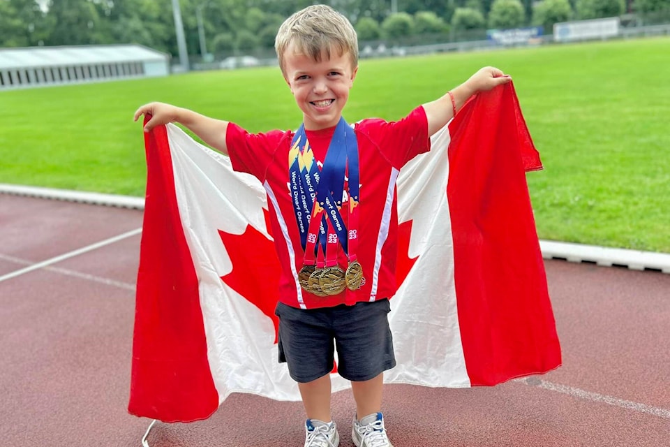 Cowichan’s Declan Forcier, 11, has crushed his track and field goals with quadruple gold at the eighth annual World Dwarf Games in Cologne, Germany. (Tammy Isaachsen photo) 